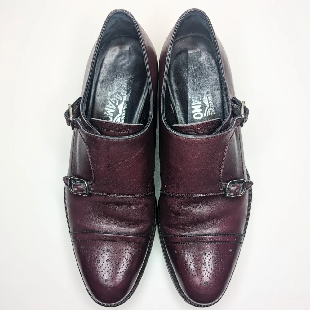 Salvatore Ferragamo double monk strap oxford shoes burgundy maroon size 9.5 EE